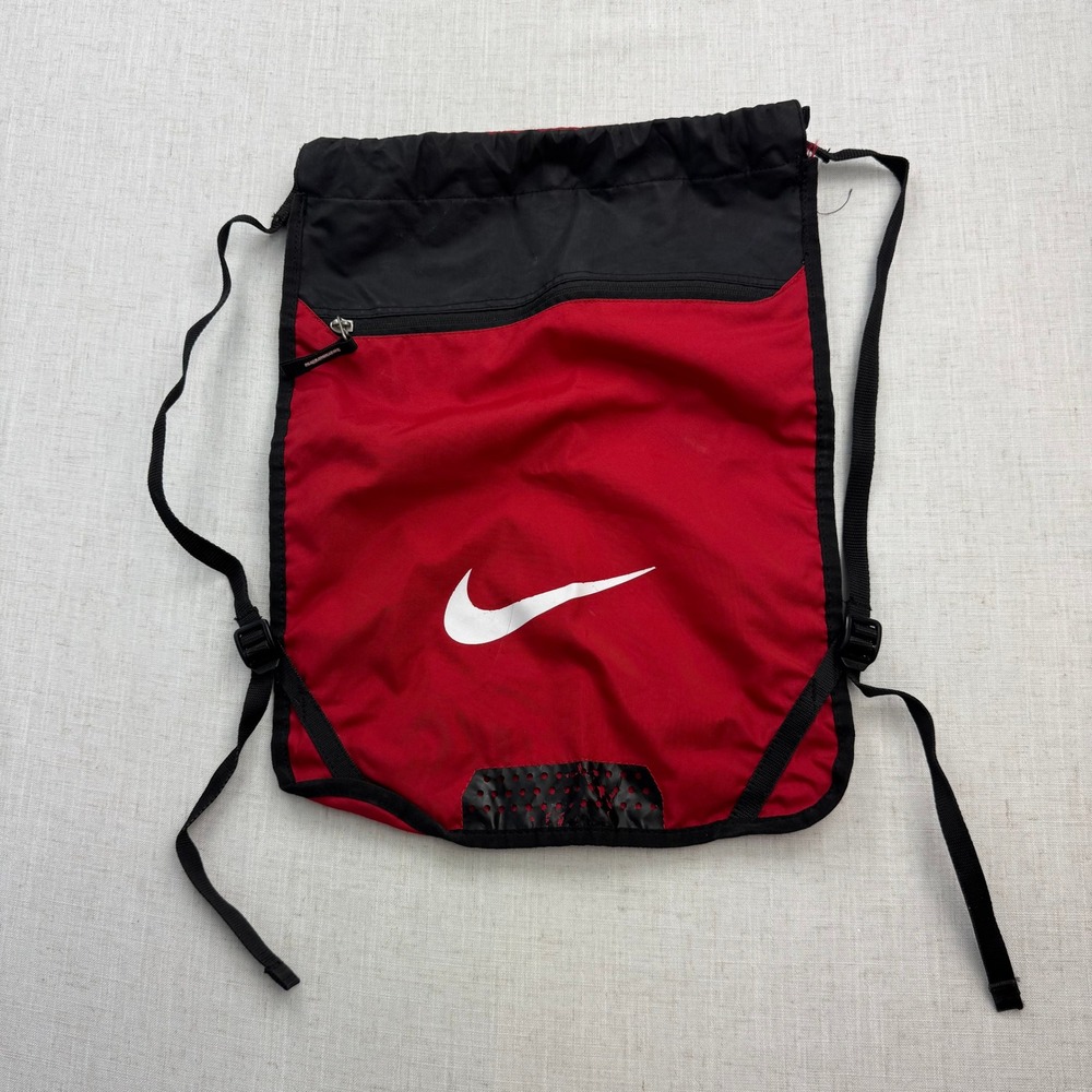 Nike Drawstring Backpack Unisex OS Red Black Swoosh Zippered Pocket Sporty Gym